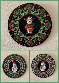 three pictures of christmas decorations hanging on the wall