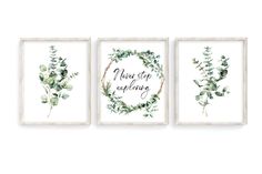 three watercolor paintings with the words you're amazing and green leaves on them