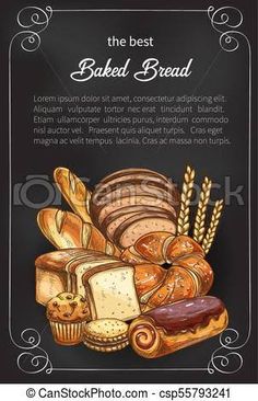 an illustration of bread and pastries on a chalkboard with the words baked bread