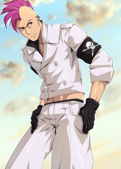 an anime character with pink hair standing in front of a blue sky and white clouds