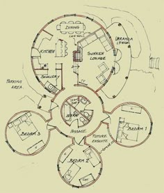 a drawing of a circular house with lots of windows and floor plans on the inside