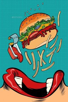 Woman Mouth Eating a Burger Mouth Eating, Burger Business, Pop Art Food, Retro Vector Illustration, Pop Art Drawing, Pop Art Illustration, Pop Art Comic, Retro Vector, Pop Art Wallpaper