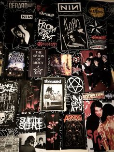 Metal Posters Room, Heavy Metal Room Aesthetic, Alt Room Decor Ideas, 2000s Emo Room Ideas, Poster Layout Ideas On Wall, Grunge Music Room, Metal Head Room, Emo Aesthetic Room, Emo Bedrooms