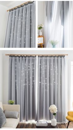 four different views of curtains with white flowers in the center and on the other side