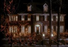 a large house with christmas lights on the windows and trees in front of it at night