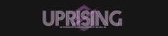 the words up rising are shown in purple and white letters on a black background with an arrow