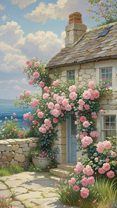 a painting of a house with pink flowers on it