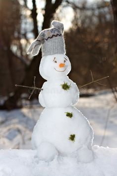 a snowman wearing a hat and scarf standing in the snow with trees behind him