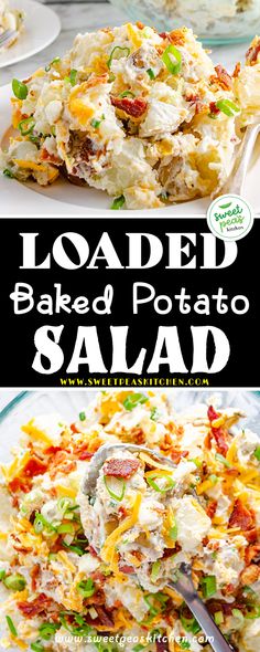 loaded baked potato salad on a plate with the title above it in black and white