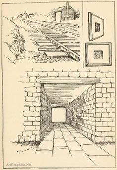 an old drawing of a tunnel in the middle of a brick wall with pictures on it