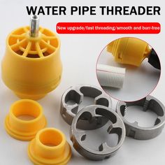 four pieces of plastic pipe threader and cutters on a white background with text that reads, water pipe threader