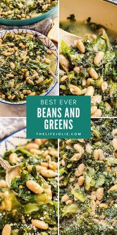 broccoli and beans are being cooked in a skillet with the words best ever beans and greens