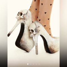 Customized Skull High Heel 6in In Heel Height Gorgeous & Unique Comes In Original Box No Wear These Are In Great Condition. Skull Shoes, Certificate Of Authenticity, Gray White, High Heel, Shoes Women Heels, Original Box, White And Black, Heel Height, High Heels