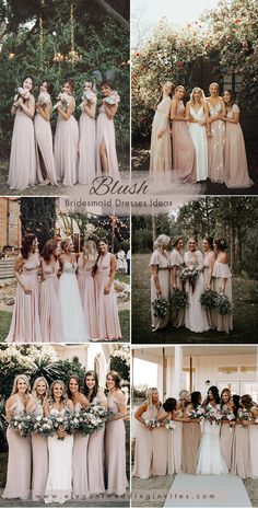 bridesmaid dresses in different styles and colors are featured for this wedding photo shoot