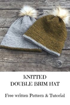 knitted double brim hat with two pom - poms