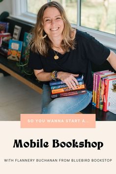 a woman sitting in front of a window with books on her lap and the words mobile book shop