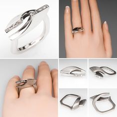 there are four different types of rings on the finger and in the middle one is a diamond ring