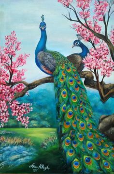 a painting of two peacocks on a tree branch with pink flowers in the background