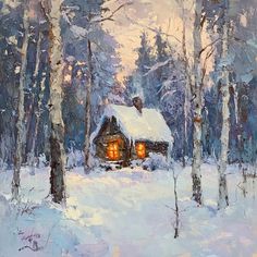 a painting of a cabin in the woods with snow on the ground and trees around it