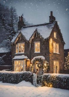 a house covered in snow with christmas lights on the windows and bushes all around it