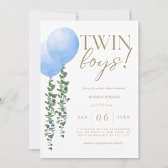 a blue balloon and greenery baby shower card with the words twin boys on it