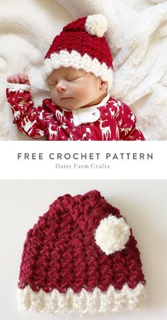 a baby wearing a red and white crochet santa hat laying on top of a blanket