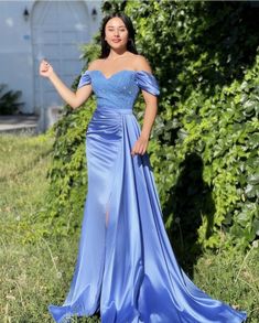 Charming Mermaid Ocean Blue Satin Prom Dress, Off The Shoulder With Beaded Top. Ocean Blue Outfit, Blue Hoco Dress, Blue Satin Prom Dress, Blue Frock, Blue Prom Dress, Hoco Dress