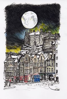 a drawing of a castle with a full moon in the sky above it and snow on the ground