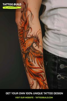 Explore stunning designs of unique phoenix tattoos for women, perfect for expressing strength and rebirth. This single image showcases an arm tattoo, highlighting artistic flair and personal meaning. Phoenix Tattoo Thigh, Harry Potter Phoenix Tattoo, Harry Potter Phoenix, Phoenix Tattoo For Women, A Phoenix Tattoo, Symmetrical Tattoos