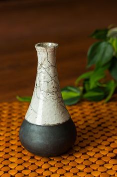 a white and black vase sitting on top of a wooden table next to a plant