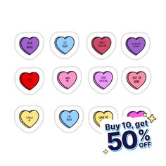 heart shaped stickers with the words buy 10 get 50 % off on each one