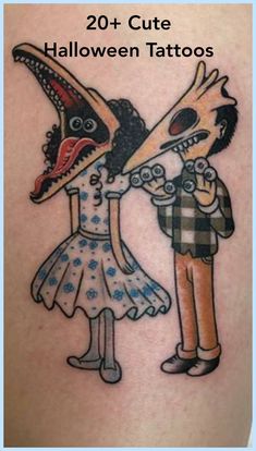 two cartoon characters on the back of a woman's arm with text that reads 20 cute halloween tattoos