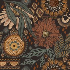 an abstract floral design with leaves and flowers on a black background in shades of brown, orange, yellow and green