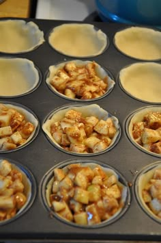 muffin tins filled with different types of food