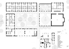 the floor plan for an office building with multiple floors and several rooms, all in black and white