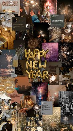 happy new year collage with gold and black decorations, champagne glasses, fireworks, and pictures