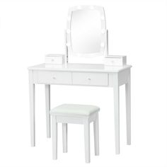 a white vanity table with a stool and mirror on it's side, against a white background