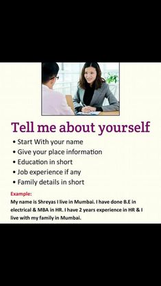 a poster with the words tell me about yourself and an image of a woman sitting at a desk