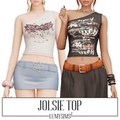 two women in short skirts and tops with the words jolise top on them