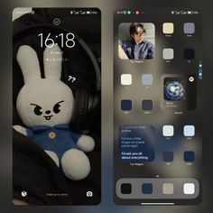 an iphone screen with the image of a stuffed rabbit in headphones, and another photo of a person holding a cell phone