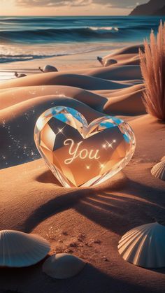 a heart shaped glass object sitting on top of a sandy beach next to the ocean