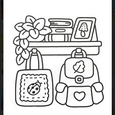 a black and white drawing of a backpack, bookcase, and flower pot on a shelf