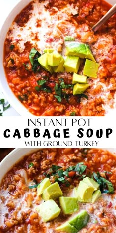 instant pot cabbage soup with ground turkey, avocado and tomatoes in a white bowl