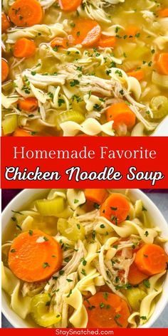 chicken noodle soup with carrots and noodles in a white bowl