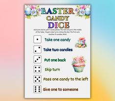 an easter candy dice game is shown on a colorful background with the words'easter candy dice '