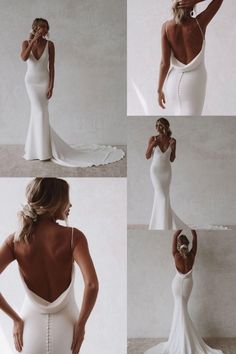 the back of a woman's white wedding dress, with her hands on her hip