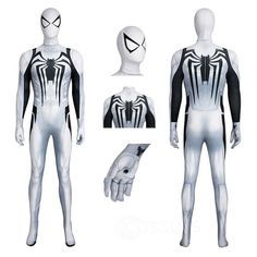 the amazing spider - man cosplay costume is shown in white and black colors