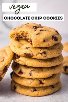 a stack of vegan chocolate chip cookies with the words vegan chocolate chip cookies