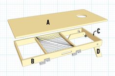 a wooden table with two drawers and one drawer open to show the bottom part of the table