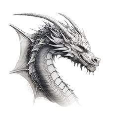 a black and white drawing of a dragon's head with long, sharp teeth